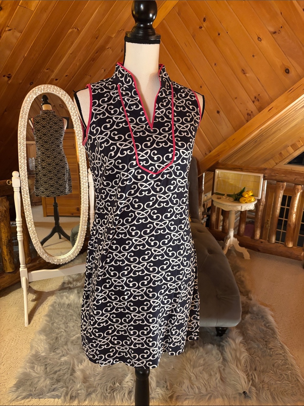 Navy & White Sleeveless Dress with Pink Trim